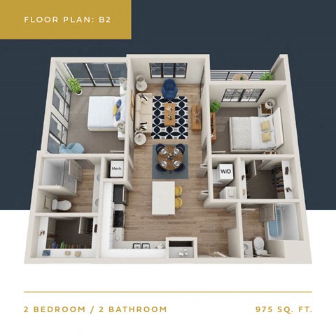 Floor plan for 2 beds, 2 baths, 975 sqft
